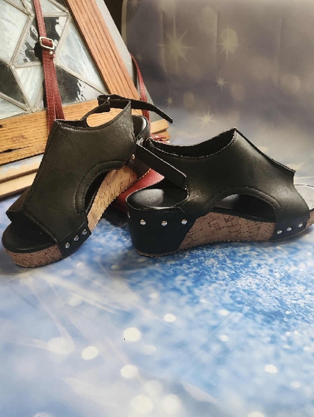 Black Open-Toe Wedge Sandals with Ankle Strap - Picture 2 of 10